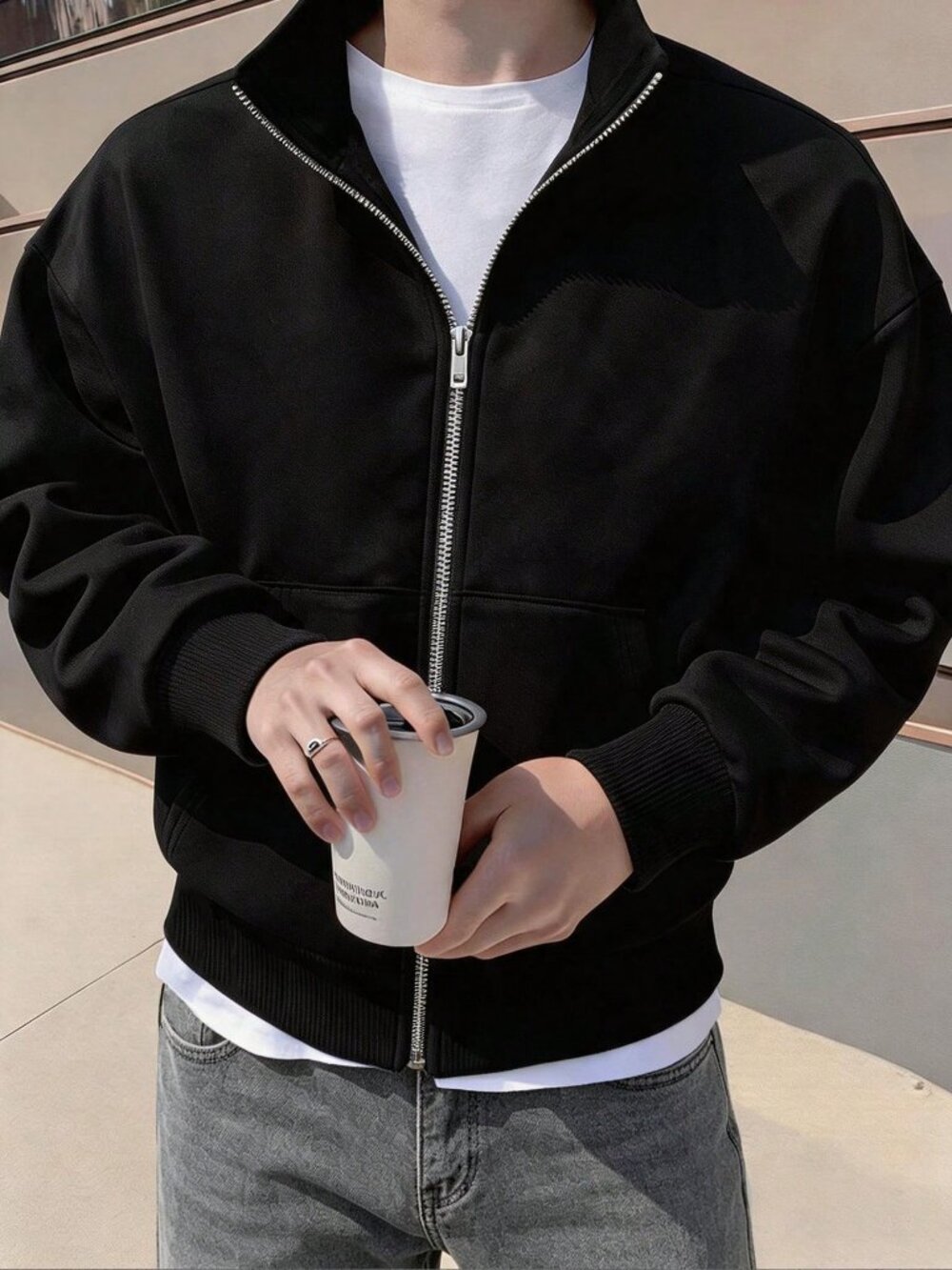 Black Sporty Men's Oversized Zip Up Sweatshirt